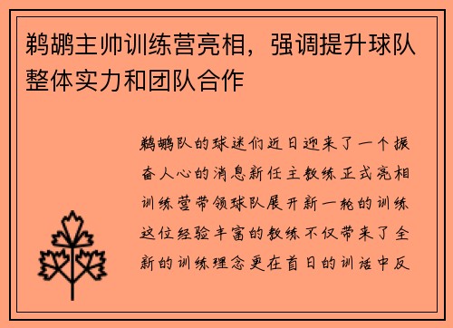 鹈鹕主帅训练营亮相，强调提升球队整体实力和团队合作