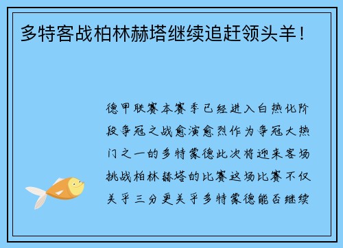 多特客战柏林赫塔继续追赶领头羊！