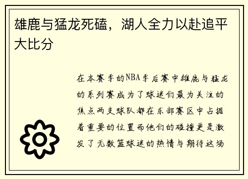 雄鹿与猛龙死磕，湖人全力以赴追平大比分